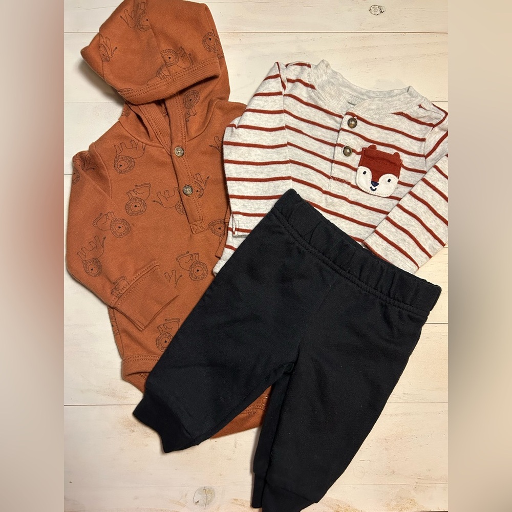 0-3 month Carter’s Child of Mine boys 3 piece Set Fox & Lion long sleeve